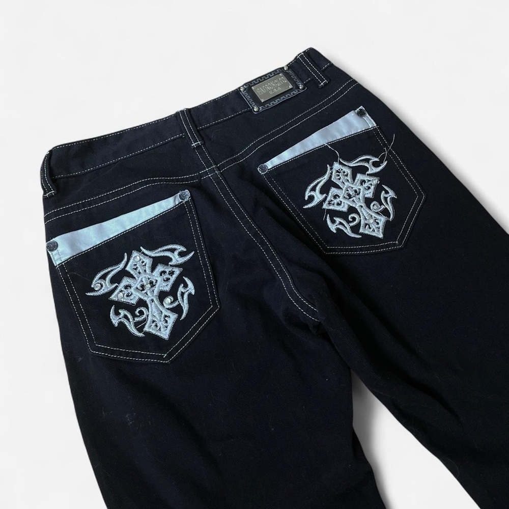 Y2k Straight Leg Black Jeans w/ Silver Embroidered Accents - Size 8